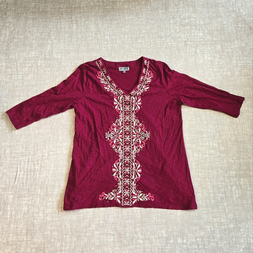 Maroon Floral Embroidered JM Collection 3/4 Sleeve Tunic Top Size XL
